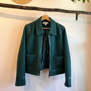 Teal Green Texture Cropped Chore Zip Up Jacket Leather Trim Jacket Size Small